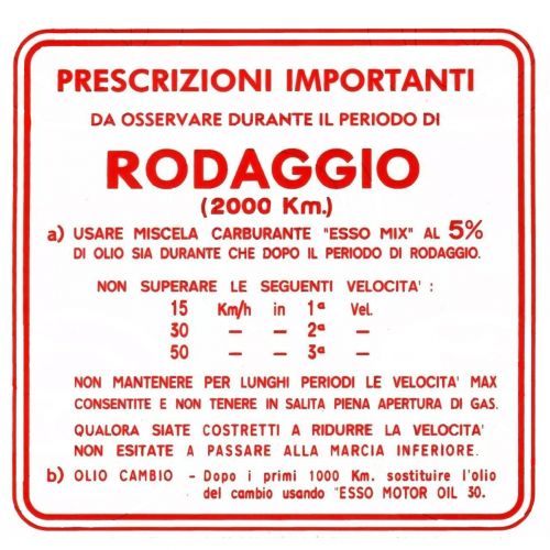 Adesivo rodaggio Vespa 3 marce...